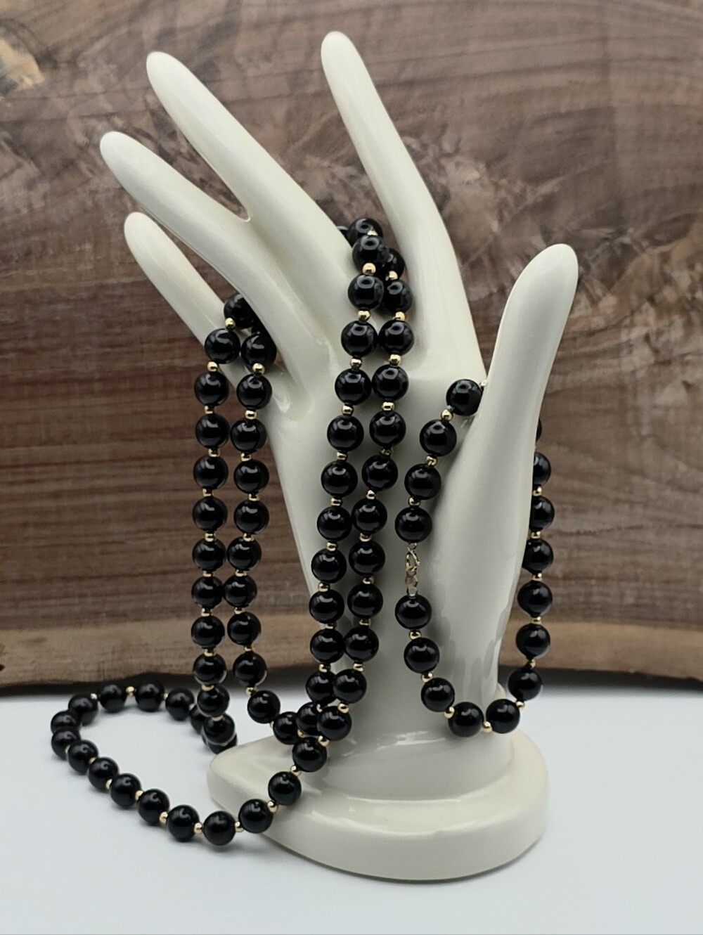 Vintage 14k Gold 30" 8mm Black Onyx Beaded Necklace Matching Bracelet Statement